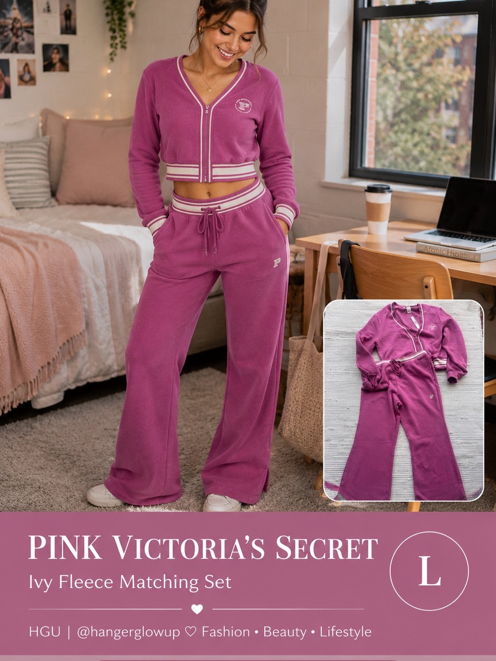PINK Victoria’s Secret Ivy Fleece Matching Set Magenta Flare Pants NWT L